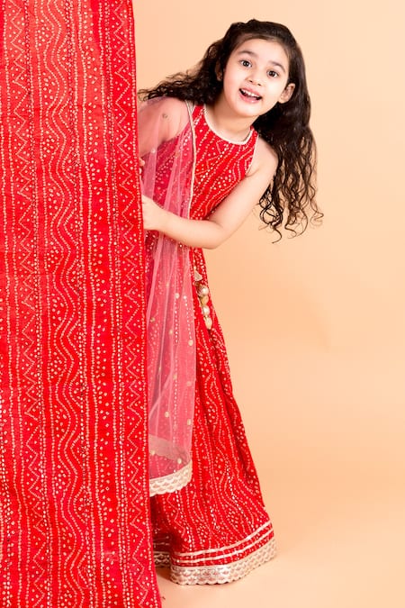 Chotibuti_Red Cotton, Net Fabric Flowers, Gota Patti, Bandhani Print Lehenga Set _at_Aza_Fashions
