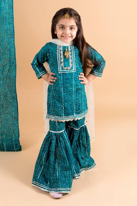 Chotibuti_Blue Cotton, Linen Gota Patti, Lace Bandhani Print Kurta Sharara Set _at_Aza_Fashions
