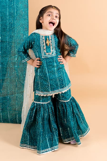 Buy_Chotibuti_Blue Cotton, Linen Gota Patti, Lace Bandhani Print Kurta Sharara Set _Online_at_Aza_Fashions