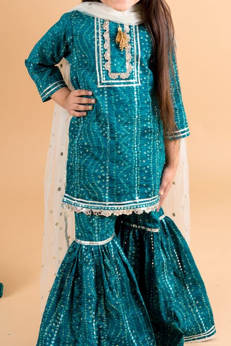 Shop_Chotibuti_Blue Cotton, Linen Gota Patti, Lace Bandhani Print Kurta Sharara Set _Online_at_Aza_Fashions