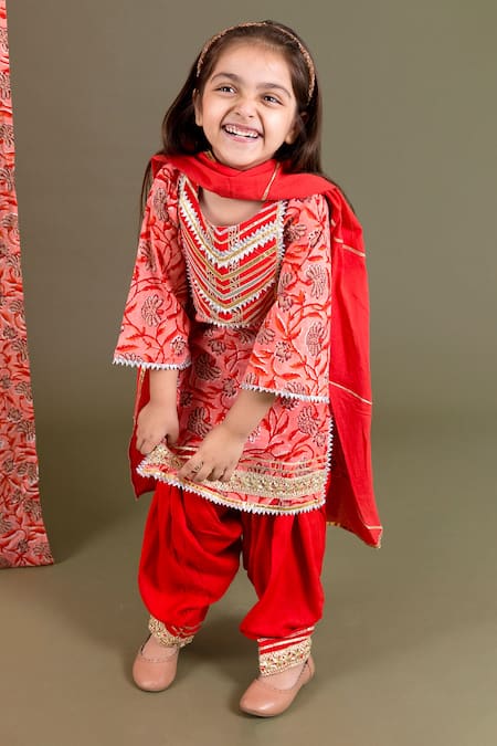 Shop_Chotibuti_Orange Cotton, Rayon Embroidery, Gota Patti Floral Print Kurta Set _Online_at_Aza_Fashions