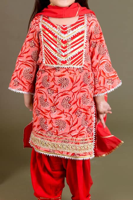 Chotibuti_Orange Cotton, Rayon Embroidery, Gota Patti Floral Print Kurta Set _Online_at_Aza_Fashions