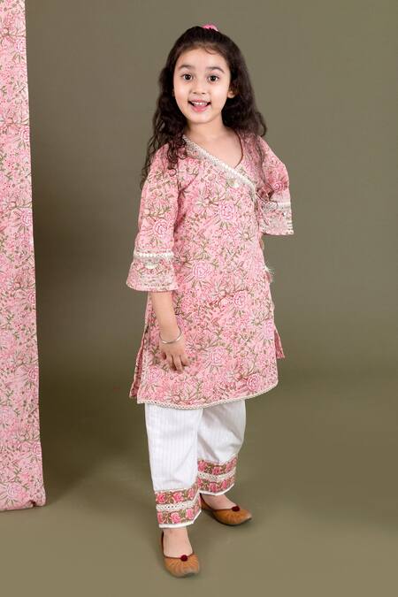 Chotibuti_Pink Cotton Embroidery Block Print Kurta And Pant Set _Online_at_Aza_Fashions