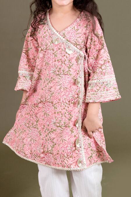 Shop_Chotibuti_Pink Cotton Embroidery Block Print Kurta And Pant Set _Online_at_Aza_Fashions