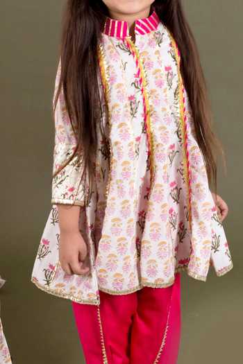 Shop_Chotibuti_Off White Cotton, Rayon Gota Patti Flared Kurta And Dhoti Pant Set _Online_at_Aza_Fashions