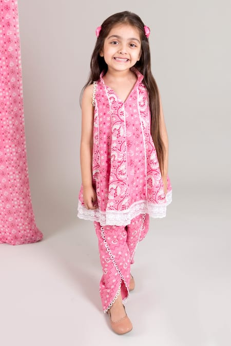 Shop_Chotibuti_Pink Muslin Lace Panelled Kurta And Dhoti Pant Set _Online_at_Aza_Fashions