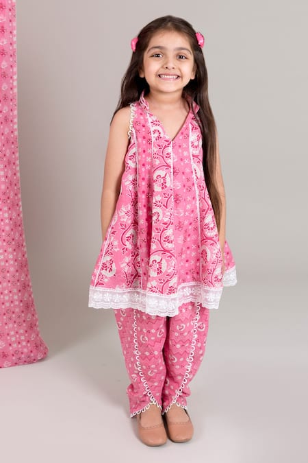 Chotibuti_Pink Muslin Lace Panelled Kurta And Dhoti Pant Set _Online_at_Aza_Fashions