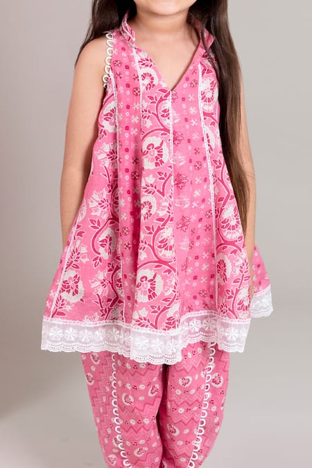 Buy_Chotibuti_Pink Muslin Lace Panelled Kurta And Dhoti Pant Set _Online_at_Aza_Fashions