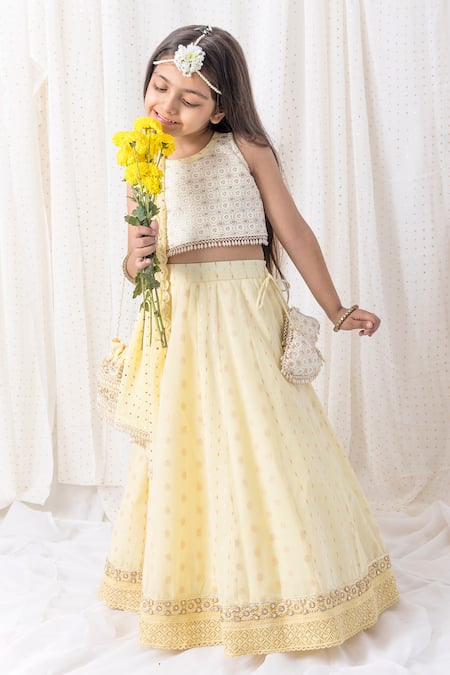 Chotibuti Yellow Cotton Pearls, Sequins, Tassels Embroidered Border Lehenga Set Online at Aza Fashions Chotibuti_Yellow Cotton Pearls, Sequins, Tassels Embroidered Border Lehenga Set _Online_at_Aza_Fashions