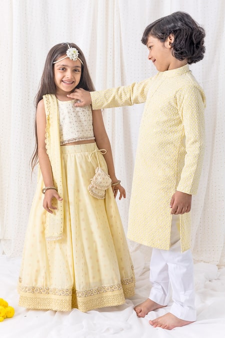 Shop Chotibuti Yellow Cotton Pearls, Sequins, Tassels Embroidered Border Lehenga Set Online at Aza Fashions Shop_Chotibuti_Yellow Cotton Pearls, Sequins, Tassels Embroidered Border Lehenga Set _Online_at_Aza_Fashions