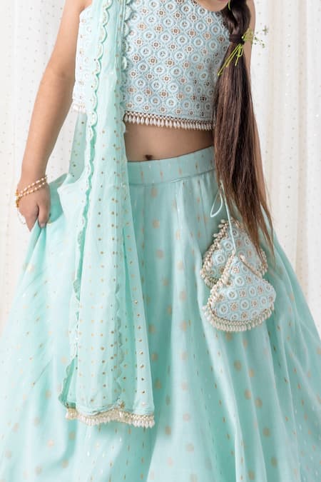 Chotibuti_Blue Cotton Sequins, Pearls, Tassels Embroidered Border Lehenga Set _Online_at_Aza_Fashions