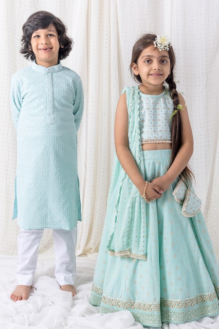 Buy_Chotibuti_Blue Cotton Sequins, Pearls, Tassels Embroidered Border Lehenga Set _Online_at_Aza_Fashions