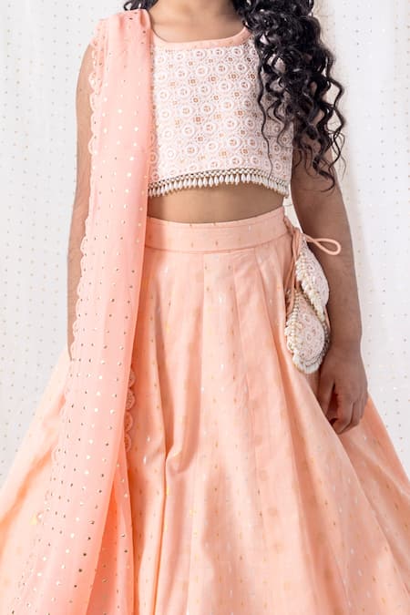 Buy_Chotibuti_Peach Cotton Pearls, Sequins, Tassels Thread Embroidered Border Lehenga Set _Online_at_Aza_Fashions