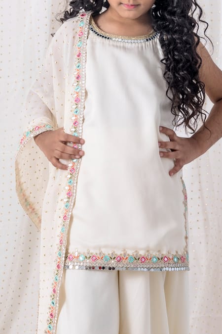 Chotibuti_Ivory Cotton Mirrors, Gota Patti Embroidered Neckline Kurta Sharara Set _Online_at_Aza_Fashions