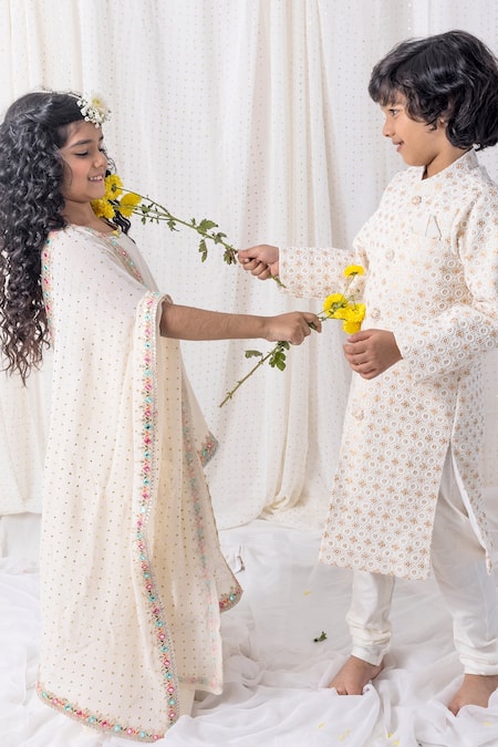 Buy_Chotibuti_Ivory Cotton Mirrors, Gota Patti Embroidered Neckline Kurta Sharara Set _Online_at_Aza_Fashions