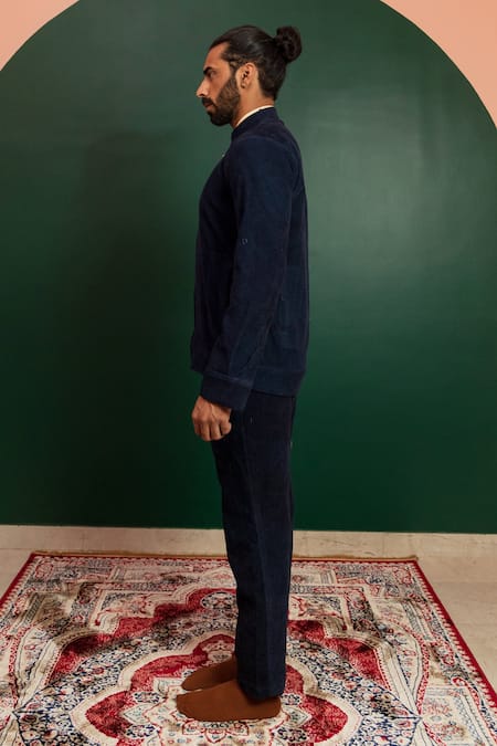 Buy_Artless_Blue Organic Corduroy Plain Cozy Mandarin Collar Jacket_Online_at_Aza_Fashions