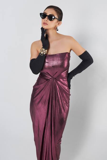 Cham Cham_Magenta Polyester Bandeau Neck Front Pleated Draped Gown _Online_at_Aza_Fashions