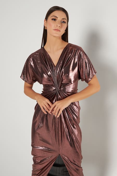 Cham Cham Wine Lurex V-neck Front Pleated Draped Dress Online at Aza Fashions Cham Cham_Wine Lurex V-neck Front Pleated Draped Dress _Online_at_Aza_Fashions