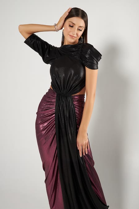 Cham Cham Multi Color Kota Doria High Neck Metallic Draped Gown Online at Aza Fashions Cham Cham_Multi Color Kota Doria High Neck Metallic Draped Gown _Online_at_Aza_Fashions