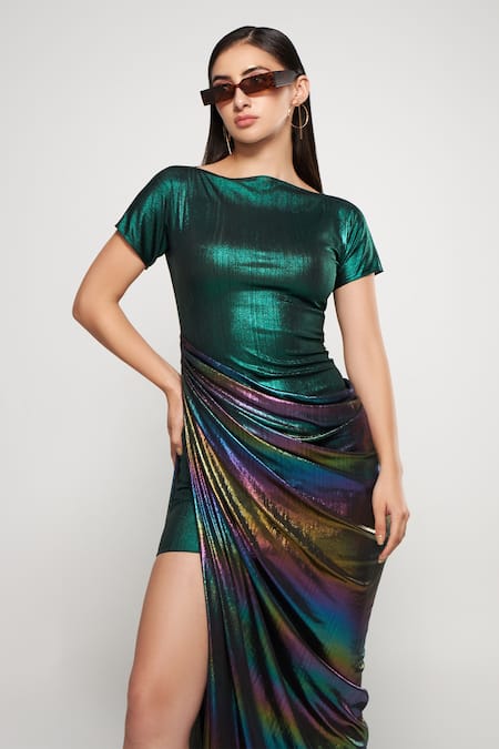 Cham Cham_Multi Color Draped Metallic Gown _Online_at_Aza_Fashions