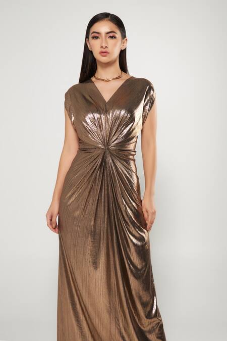Cham Cham Gold Polyester V-neck Metallic Centre Draped Gown Online at Aza Fashions Cham Cham_Gold Polyester V-neck Metallic Centre Draped Gown _Online_at_Aza_Fashions