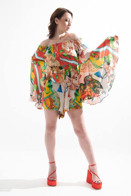 Cin Cin_Multi Color Silk Tassels Square Neck Philip Bell Sleeve Chinese Print Jumpsuit _Online_at_Aza_Fashions