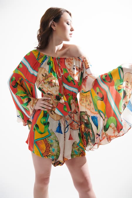 Buy_Cin Cin_Multi Color Silk Tassels Square Neck Philip Bell Sleeve Chinese Print Jumpsuit _Online_at_Aza_Fashions