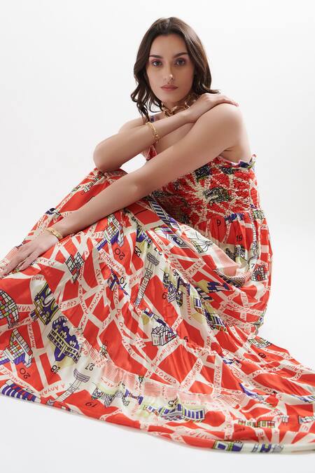 Buy Cin Cin Red Silk Round Neck Liana Printed Dress Online at Aza Fashions Buy_Cin Cin_Red Silk Round Neck Liana Printed Dress _Online_at_Aza_Fashions