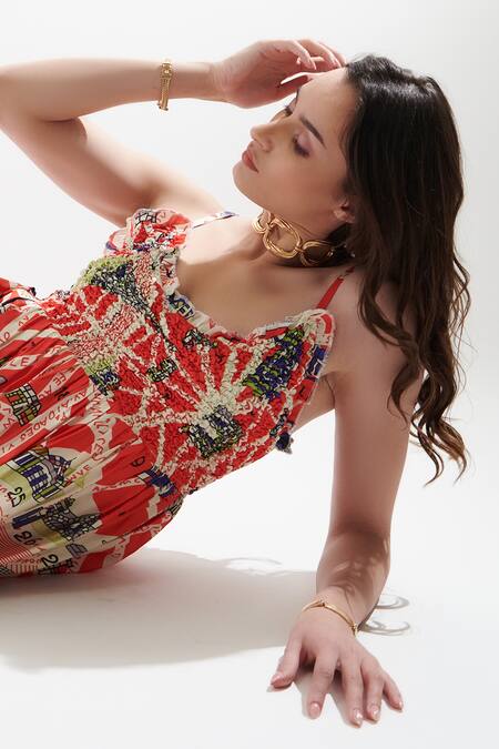 Cin Cin Red Silk Round Neck Liana Printed Dress at Aza Fashions Cin Cin_Red Silk Round Neck Liana Printed Dress _at_Aza_Fashions