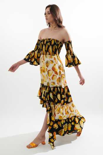 Cin Cin_Black Cotton Off-shoulder Seeze Off High Low Dress_Online_at_Aza_Fashions