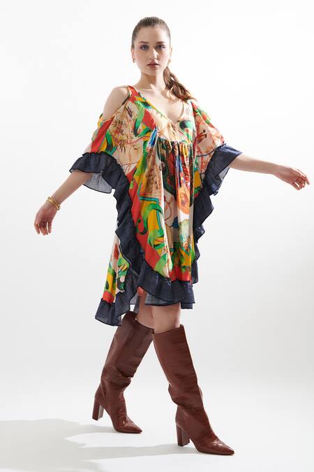 Cin Cin Multi Color Silk V-neck Sara Chinese Theme Print Kaftan Online at Aza Fashions Cin Cin_Multi Color Silk V-neck Sara Chinese Theme Print Kaftan_Online_at_Aza_Fashions