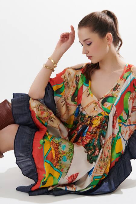 Shop Cin Cin Multi Color Silk V-neck Sara Chinese Theme Print Kaftan Online at Aza Fashions Shop_Cin Cin_Multi Color Silk V-neck Sara Chinese Theme Print Kaftan_Online_at_Aza_Fashions