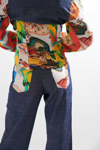 Cin Cin_Multi Color Silk, Cotton Collared Reeba Chinese Print Shirt And Pant Set_Online_at_Aza_Fashions