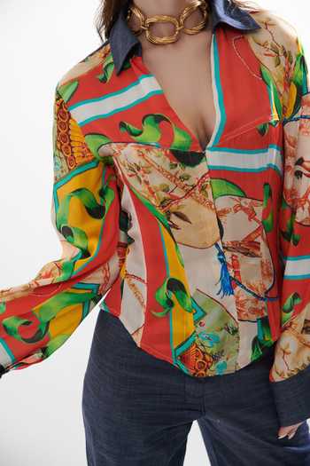 Buy_Cin Cin_Multi Color Silk, Cotton Collared Reeba Chinese Print Shirt And Pant Set_Online_at_Aza_Fashions