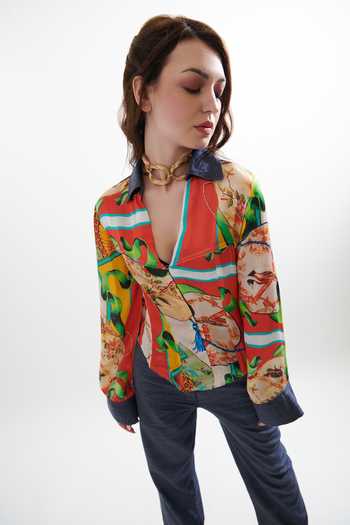 Shop_Cin Cin_Multi Color Silk, Cotton Collared Reeba Chinese Print Shirt And Pant Set_Online_at_Aza_Fashions