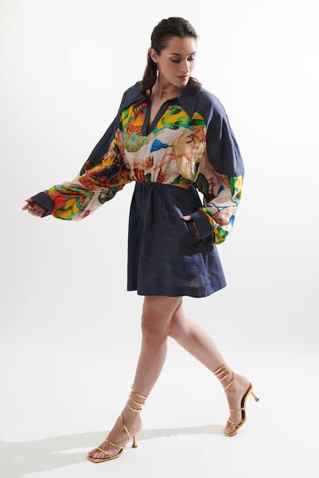 Cin Cin_Red Silk Shawl Neck Maggi Printed Dress _Online_at_Aza_Fashions