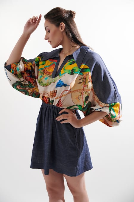 Buy_Cin Cin_Red Silk Shawl Neck Maggi Printed Dress _Online_at_Aza_Fashions