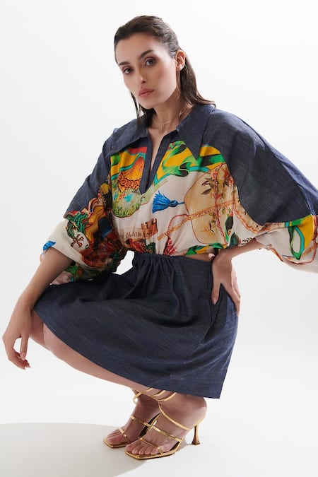 Cin Cin_Red Silk Shawl Neck Maggi Printed Dress _at_Aza_Fashions