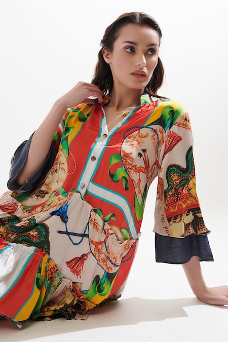 Cin Cin_Multi Color Silk Mandarin Collar Cuba Printed Dress _Online_at_Aza_Fashions