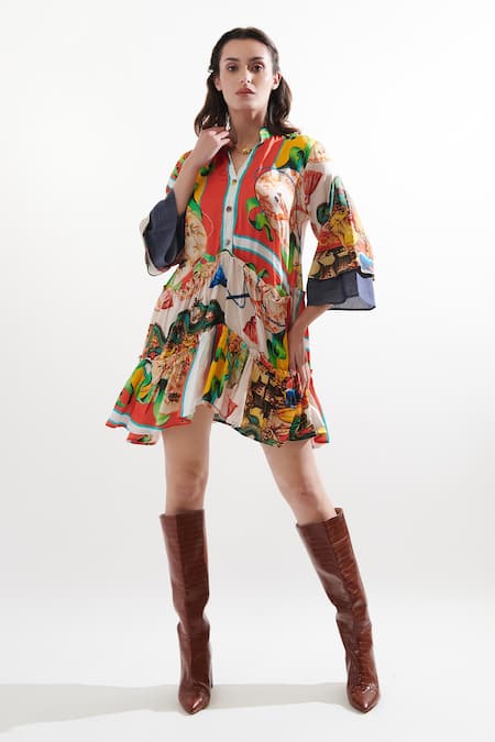 Buy_Cin Cin_Multi Color Silk Mandarin Collar Cuba Printed Dress _Online_at_Aza_Fashions