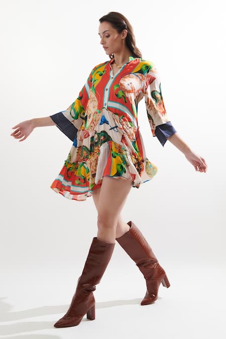 Shop_Cin Cin_Multi Color Silk Mandarin Collar Cuba Printed Dress _Online_at_Aza_Fashions