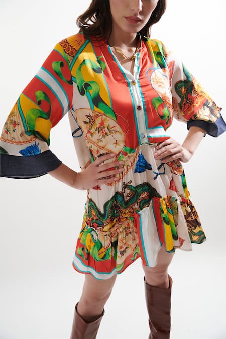 Cin Cin_Multi Color Silk Mandarin Collar Cuba Printed Dress _at_Aza_Fashions