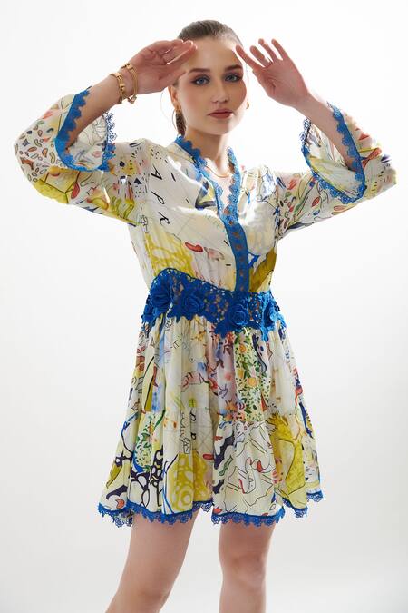 Buy_Cin Cin_Multi Color Silk Lace V-neck Sally Abstract Print Floral Work Dress_Online_at_Aza_Fashions
