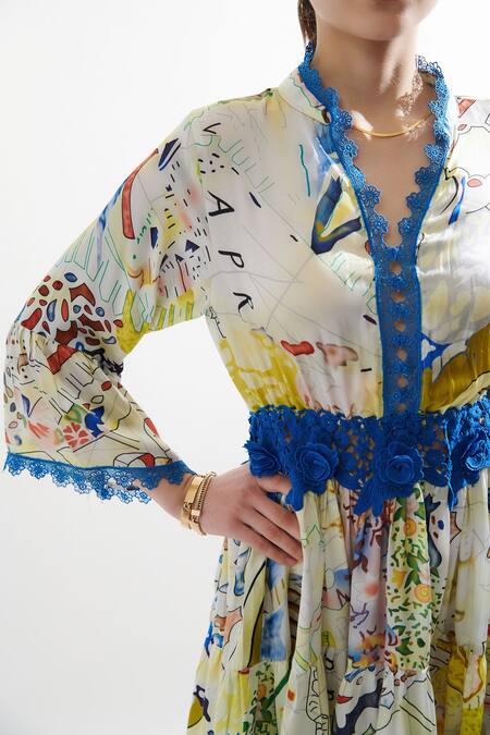 Cin Cin_Multi Color Silk Lace V-neck Sally Abstract Print Floral Work Dress_at_Aza_Fashions