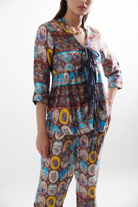 Cin Cin_Multi Color Silk Bandeau Neck Coco Printed Top And Pant Set _Online_at_Aza_Fashions