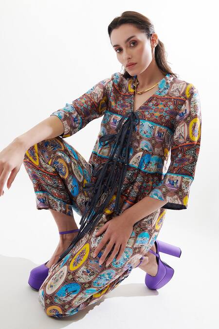 Shop_Cin Cin_Multi Color Silk Bandeau Neck Coco Printed Top And Pant Set _Online_at_Aza_Fashions