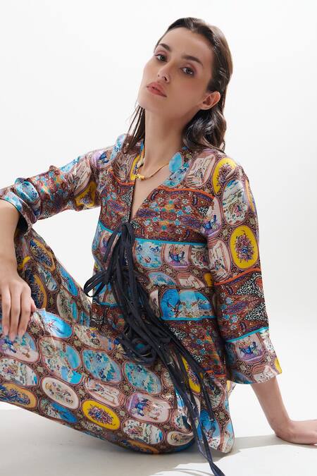 Cin Cin_Multi Color Silk Bandeau Neck Coco Printed Top And Pant Set _at_Aza_Fashions