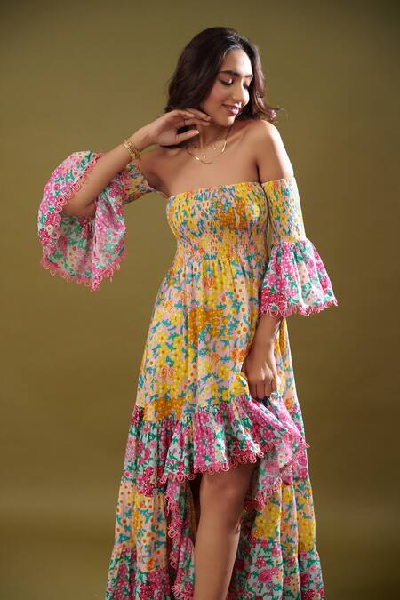 Buy Yellow Cotton Floral One Shoulder Amelia Off Dress For Women by Cin Cin  Online at Aza Fashions.