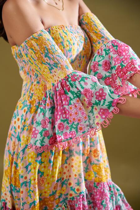 Cin Cin Yellow Cotton One Shoulder Amelia Floral Print Off Dress at Aza Fashions Cin Cin_Yellow Cotton One Shoulder Amelia Floral Print Off Dress_at_Aza_Fashions