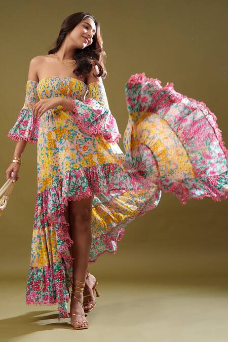 Buy Cin Cin Yellow Cotton One Shoulder Amelia Floral Print Off Dress Buy_Cin Cin_Yellow Cotton One Shoulder Amelia Floral Print Off Dress
